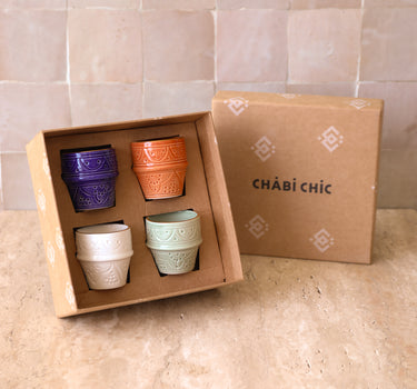 Coffret cadeau 4 petites tasses à café empreinte marsala. bleu majorelle. blanc et mint gold (9669604081983)